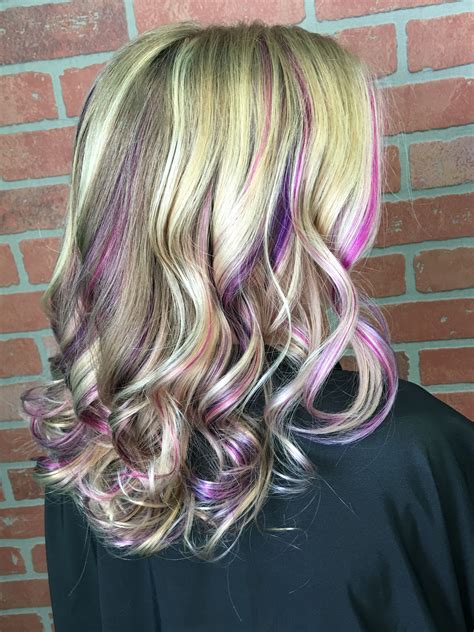 blonde hair with purple peekaboos|More.